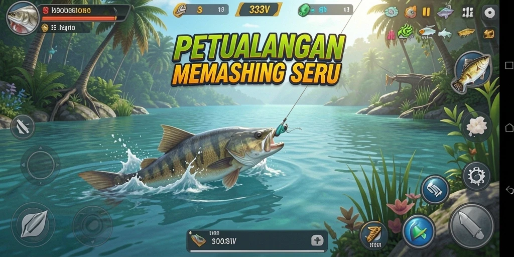 Screenshot gameplay 333V menampilkan pemandangan indah saat memancing.
