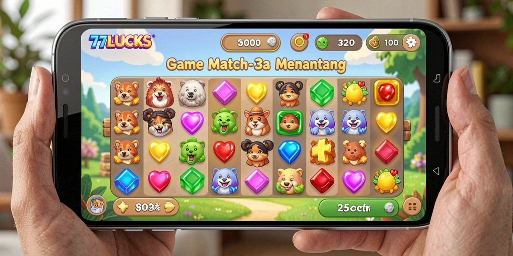 Tangkapan layar <strong>77LUCKS</strong> menampilkan gameplay Match-3 yang menarik.