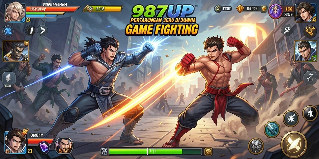 Screenshot menunjukkan pertarungan seru antara karakter dalam 987UP.