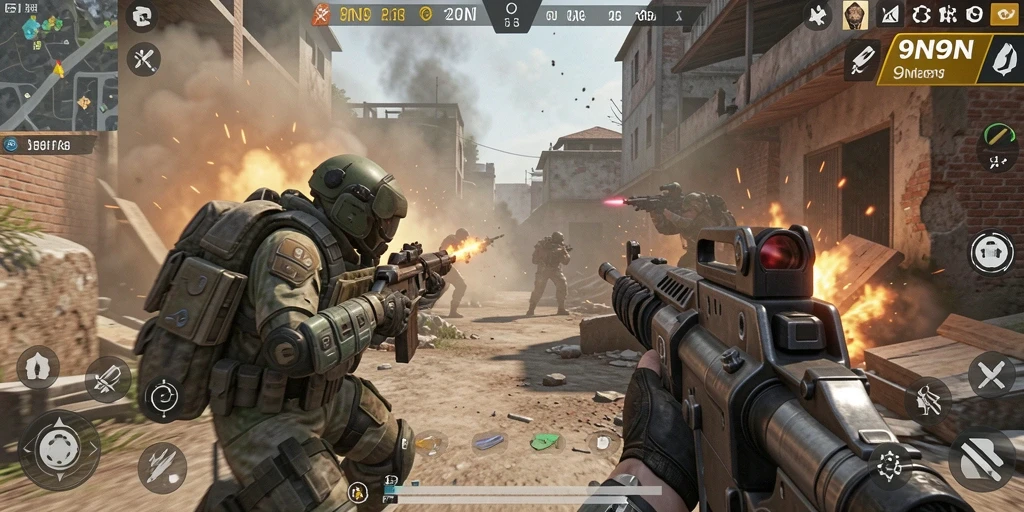Tangkapan layar gameplay 9N9N menampilkan pertempuran yang mendebarkan.