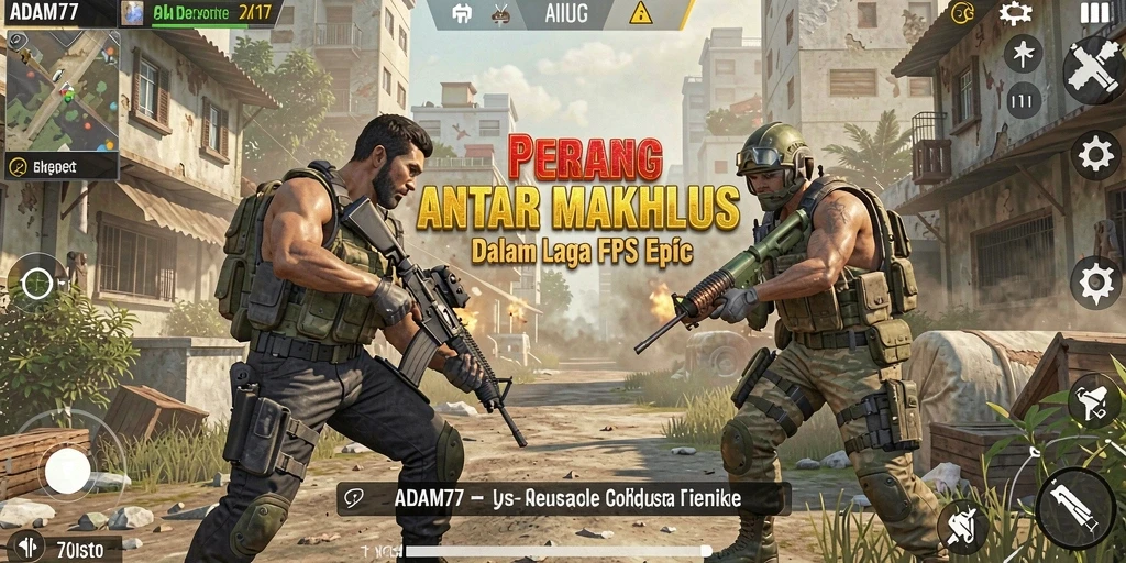 Screenshot utama gameplay ADAM77 menampilkan aksi tembak-menembak yang intens.