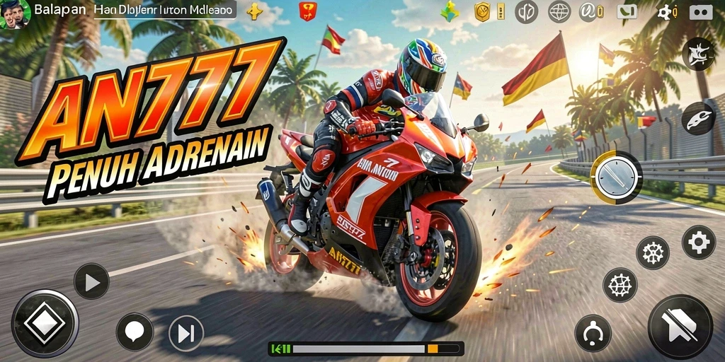 Tampilan gameplay balapan motor yang penuh aksi dalam AN777.