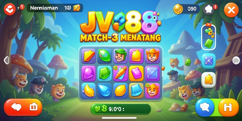 Tampilan gameplay JV88 dengan kombinasi permata cerah.