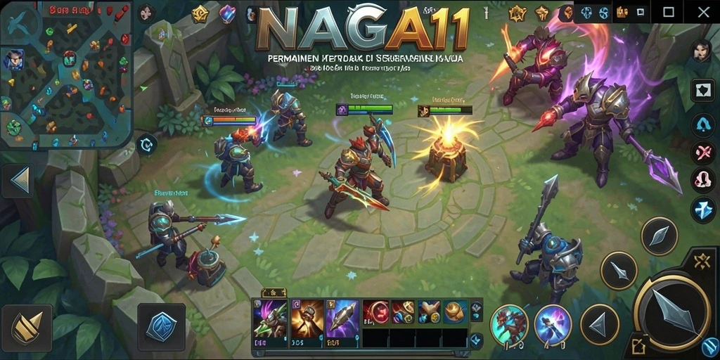 Tampilan permainan intens dari NAGA11 dengan aksi MOBA yang mendebarkan.