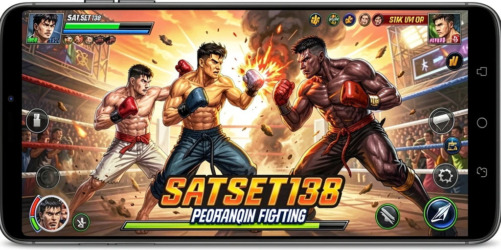 Tangkapan layar SATSET138 menunjukkan pertarungan intens antara karakter yang berbeda.