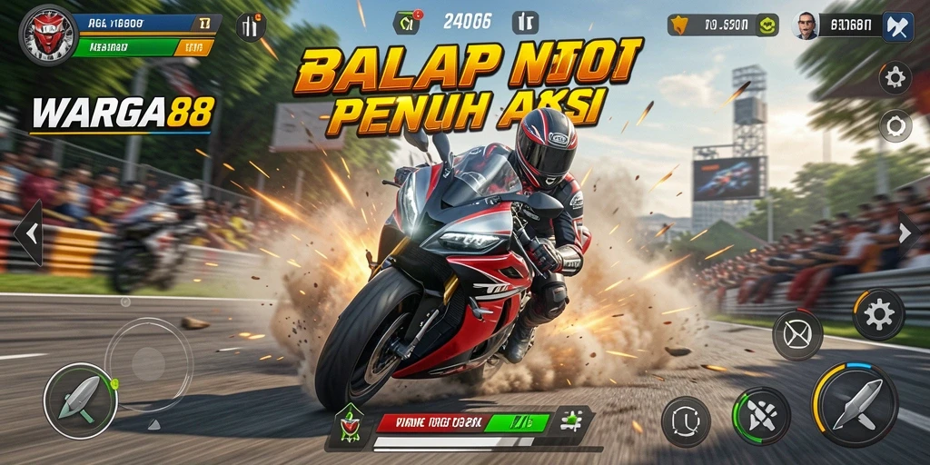 Screenshot gameplay WARGA88 menampilkan balapan motor yang mendebarkan.