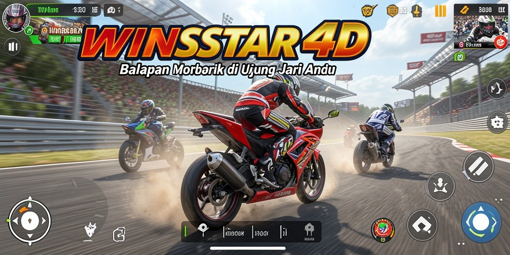 Gameplay seru dan mendebarkan dalam WINSTAR4D saat melaju di lintasan balap.