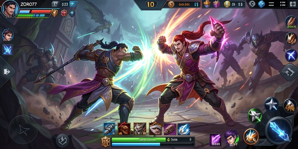 Gameplay ZORO77 yang intens dalam pertarungan MOBA.